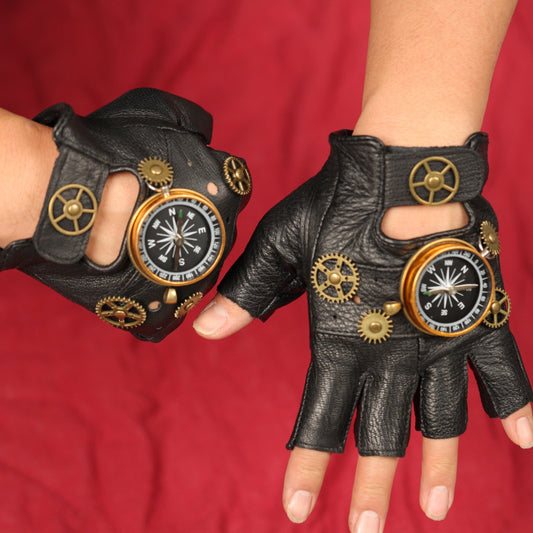 Steampunk Leather Gloves Gear Half Finger Gloves Compass Retro