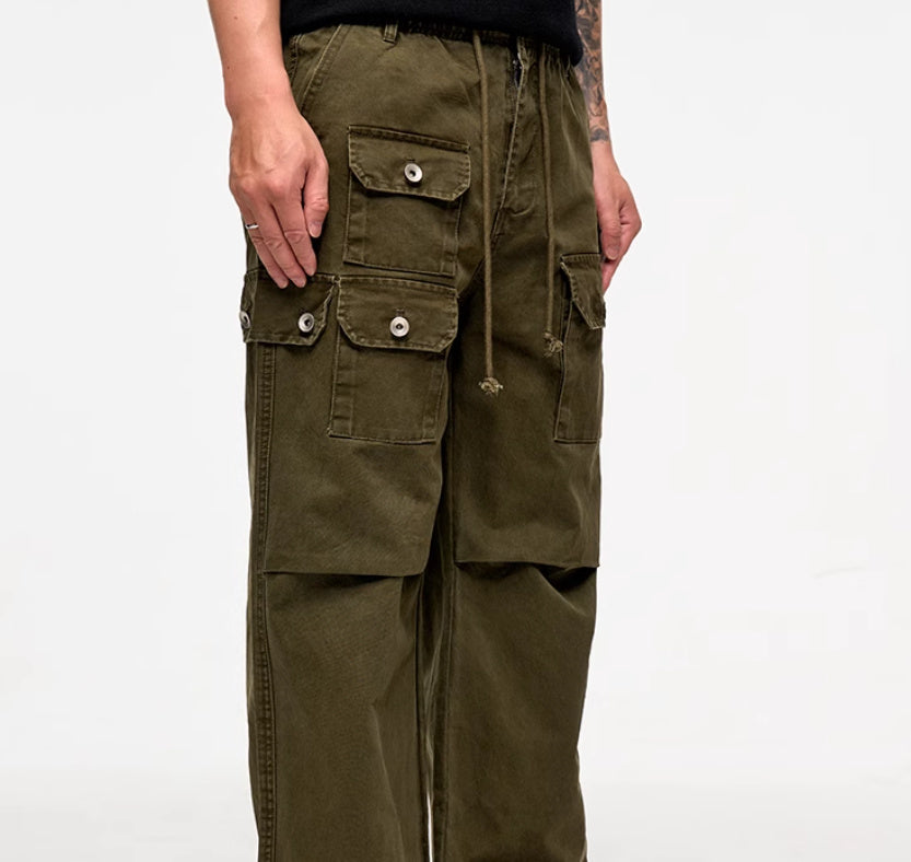 High Street Retro Washed Distressed Multi-pocket VIBE Straight Cargo Pants