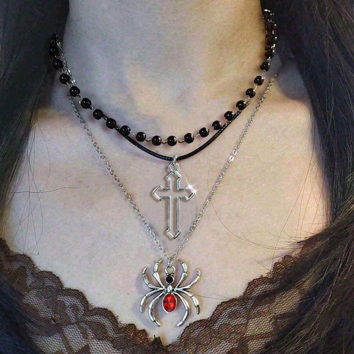 Retro Dark Spider Necklace Gothic 3-piece Set