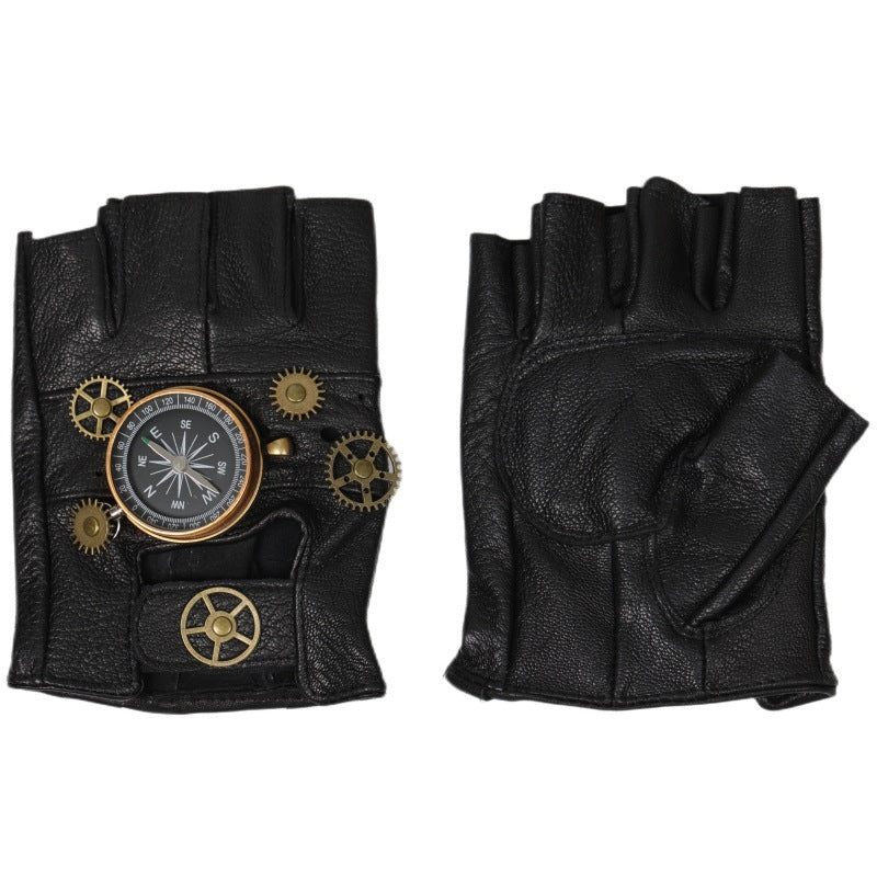 Steampunk Leather Gloves Gear Half Finger Gloves Compass Retro