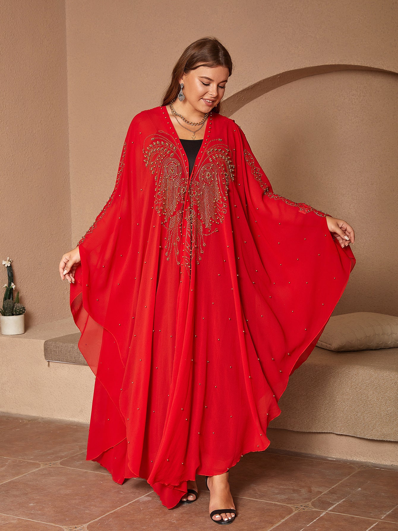 Muslim Style Rhinestone Beaded High Density Chiffon Cape And Shawl