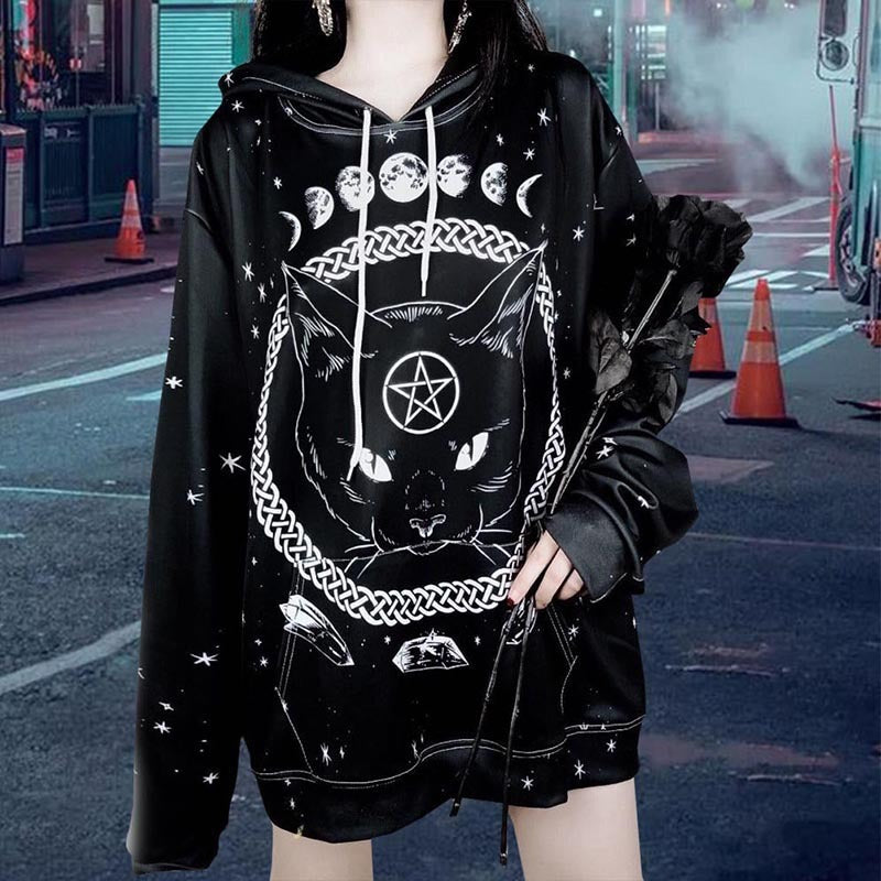 Street Gothic Cat Print Loose Hooded Sweater