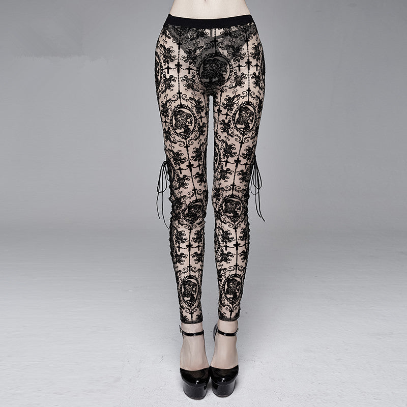 Sexy Mesh Calf Side Tie Rope Gothic Leggings