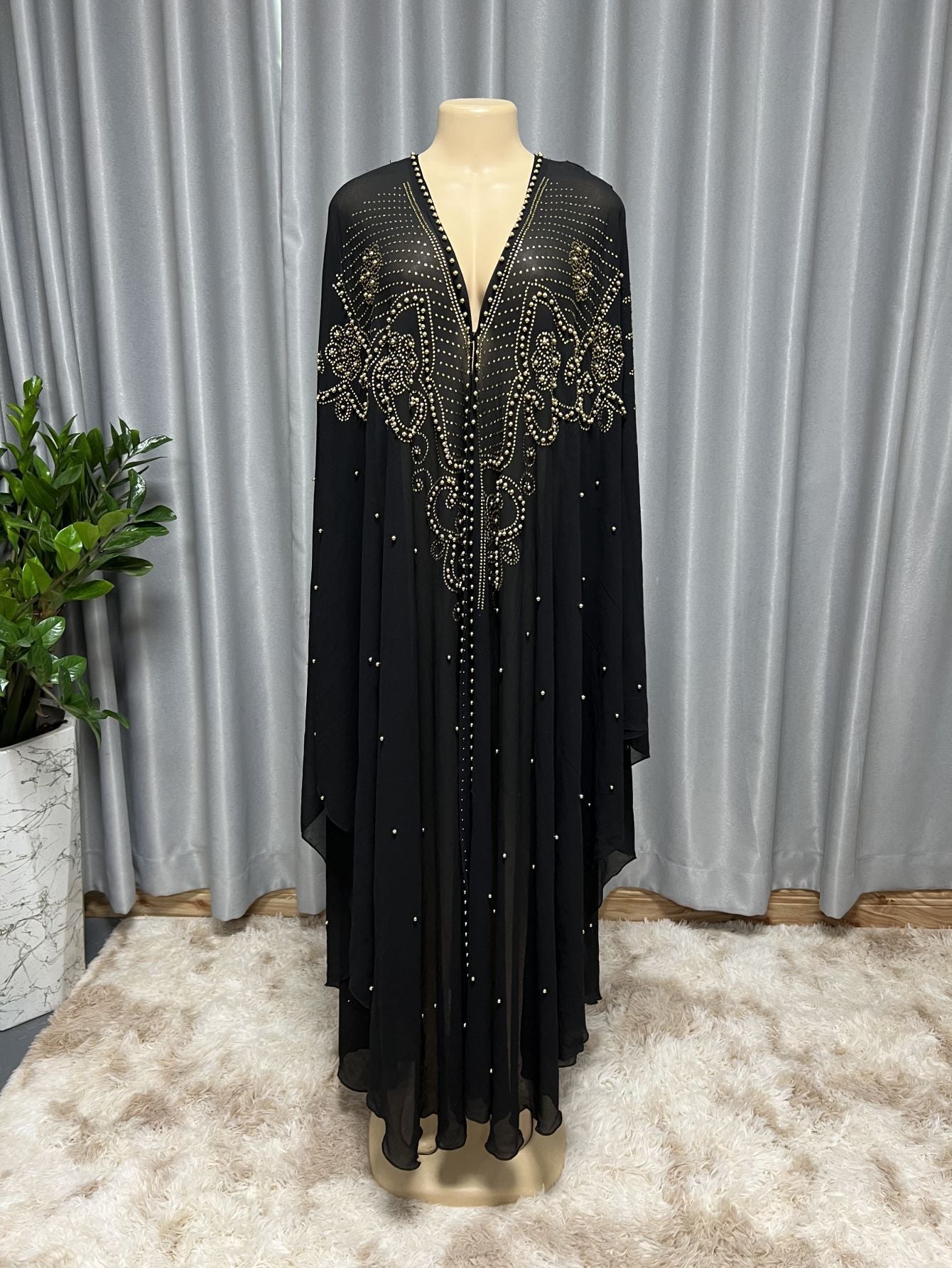 Muslim Style Rhinestone Beaded High Density Chiffon Cape And Shawl