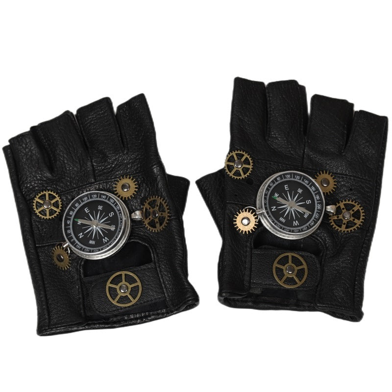 Steampunk Leather Gloves Gear Half Finger Gloves Compass Retro