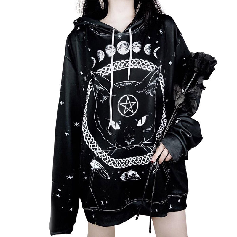 Street Gothic Cat Print Loose Hooded Sweater