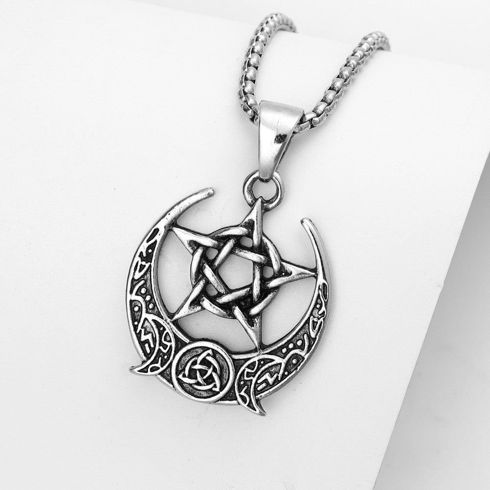 Minimalist Curved Moon Five-pointed Star Roman Pendant Necklace