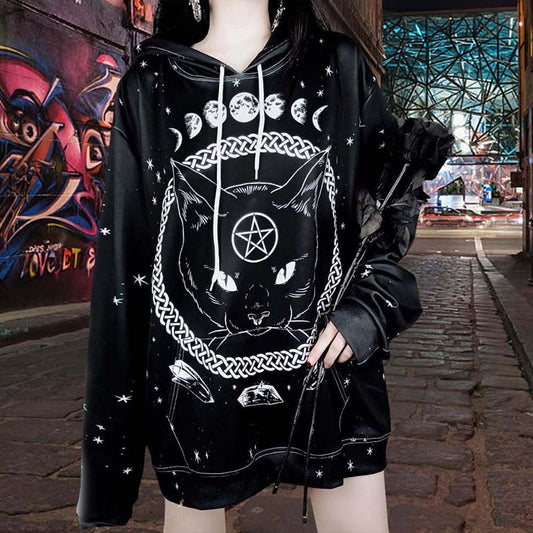 Street Gothic Cat Print Loose Hooded Sweater