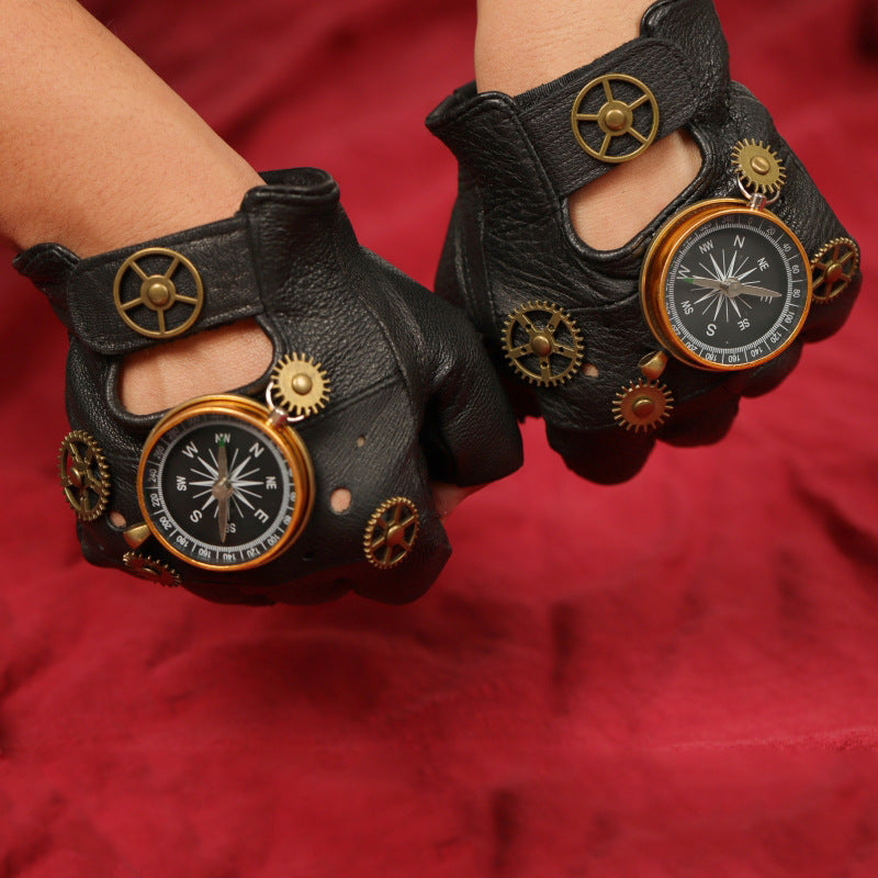 Steampunk Leather Gloves Gear Half Finger Gloves Compass Retro