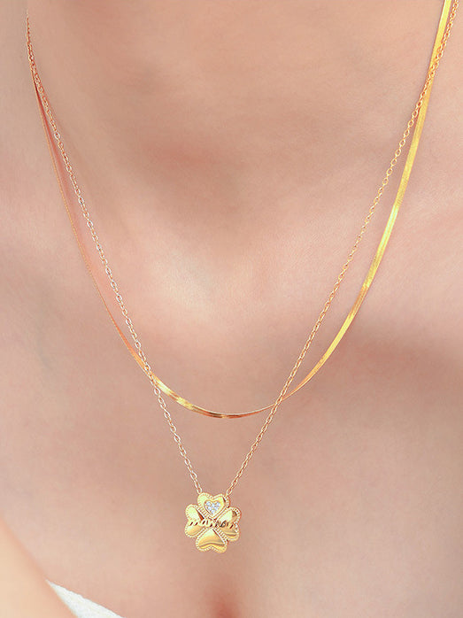 2 Piece 18K Gold-Plated Inlaid Zircon Lucky Clover Necklace