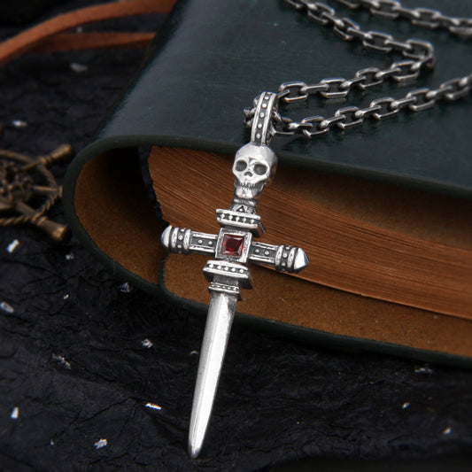 S925 Sterling Silver Skull Knight Sword Cross Pendant