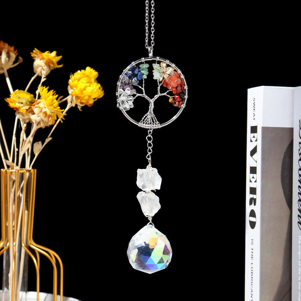 Natural Seven-color Crushed Stone White Crystal Original Stone Life Tree Sun Catcher Pendant