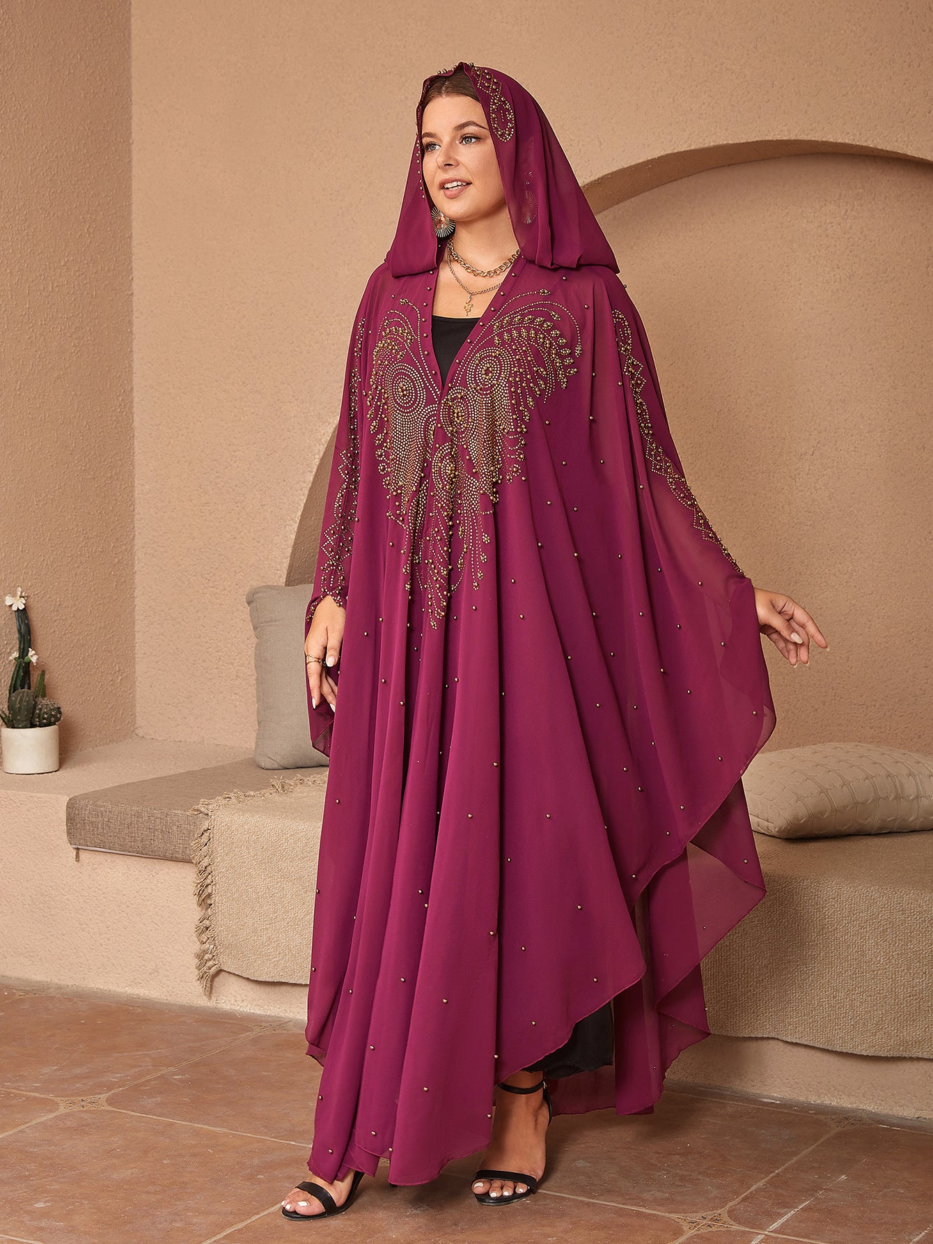 Muslim Style Rhinestone Beaded High Density Chiffon Cape And Shawl