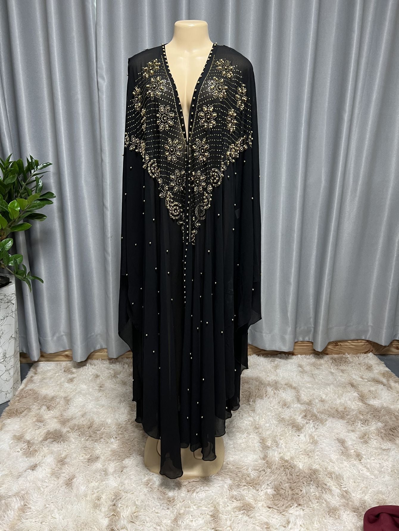 Muslim Style Rhinestone Beaded High Density Chiffon Cape And Shawl