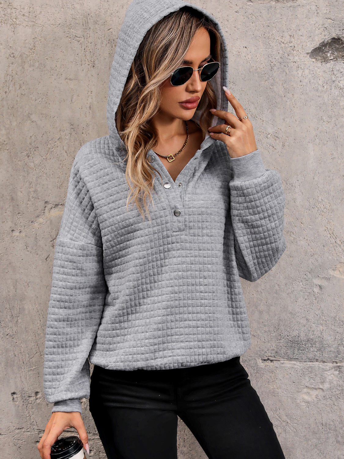 Perfee Waffle-Knit Half Button Hoodie