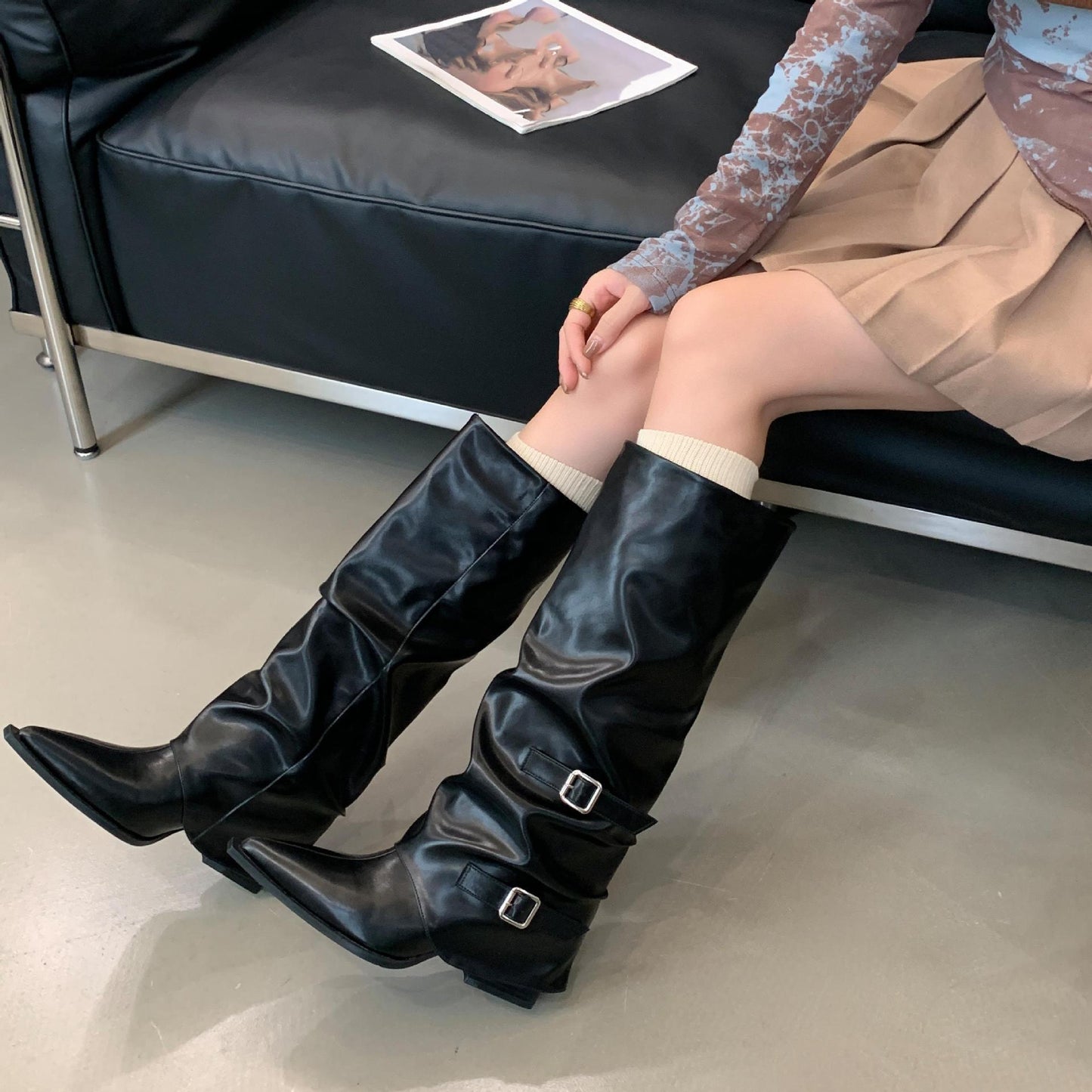 Pointed Buckle Pleated Pile Style Boots Punk Mid Heel Knee-high Boots