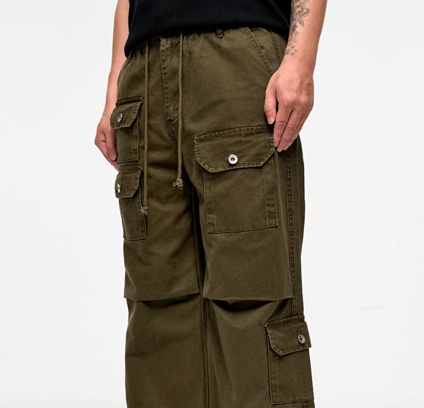 High Street Retro Washed Distressed Multi-pocket VIBE Straight Cargo Pants