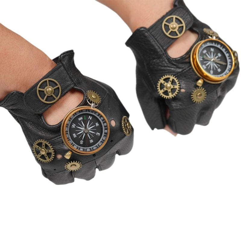 Steampunk Leather Gloves Gear Half Finger Gloves Compass Retro