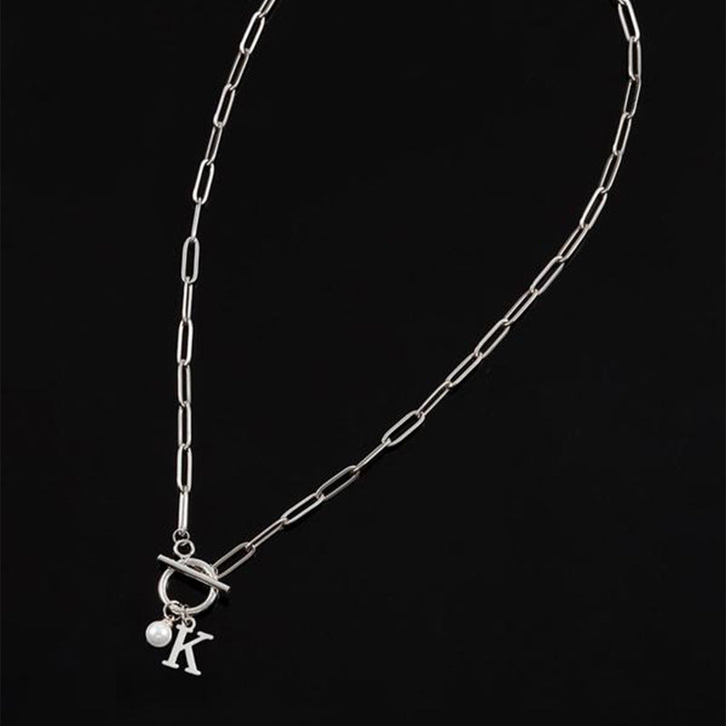 Letter Necklace Stainless Steel Clip Chain Imitation Pearl Pendant For Women