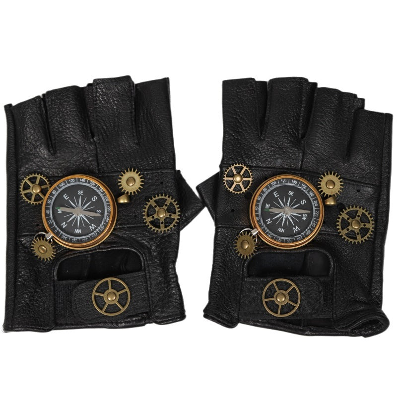 Steampunk Leather Gloves Gear Half Finger Gloves Compass Retro