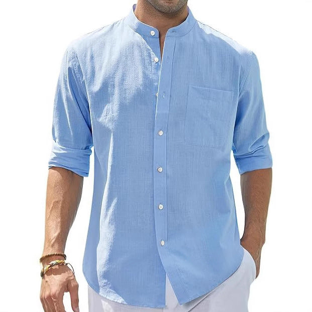 Men's Stand Collar Long Sleeve Solid Color Cotton Shirt