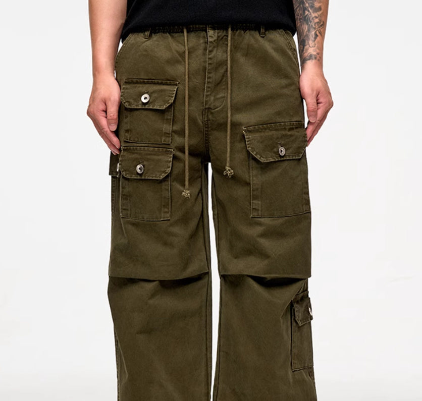 High Street Retro Washed Distressed Multi-pocket VIBE Straight Cargo Pants