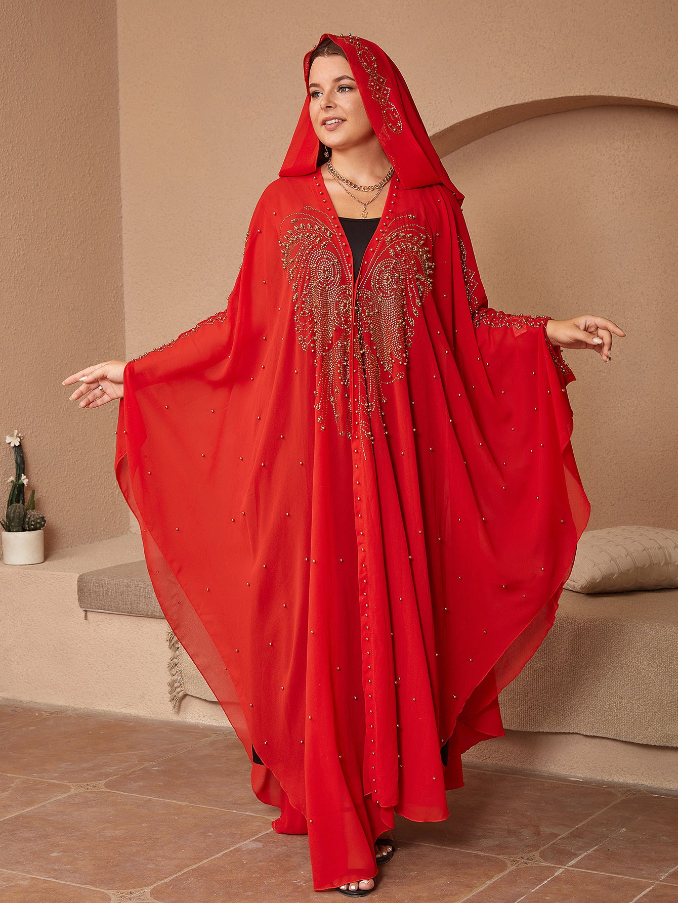 Muslim Style Rhinestone Beaded High Density Chiffon Cape And Shawl