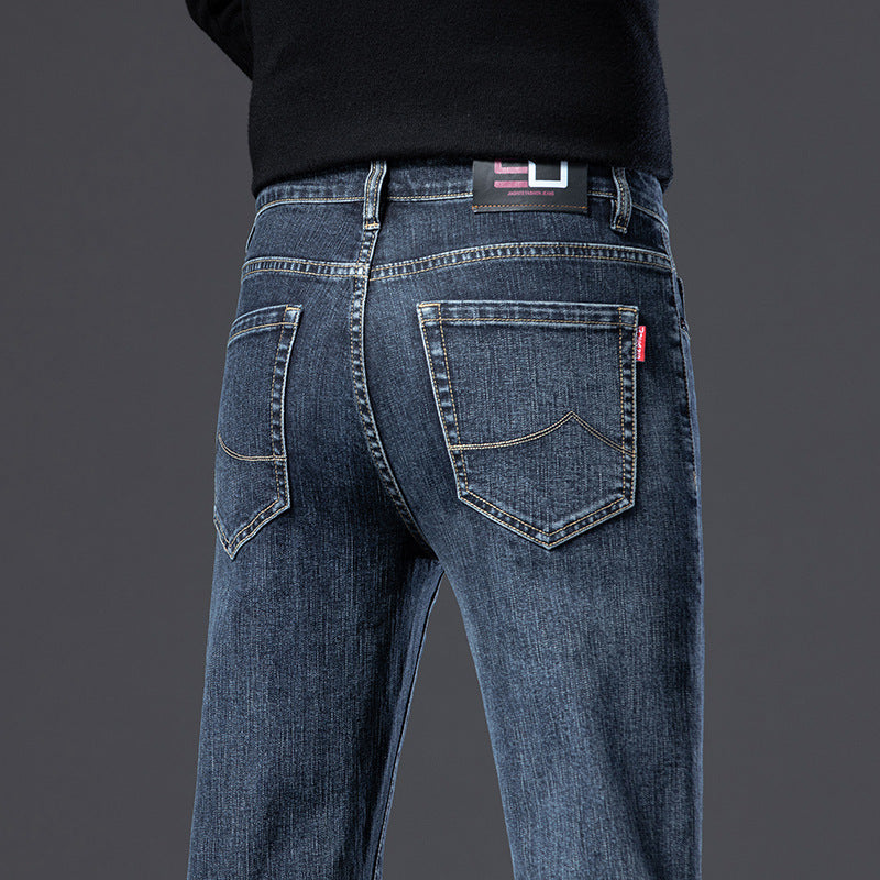 Fleece Padded Jeans Men's Straight Slim Elastic Thickening