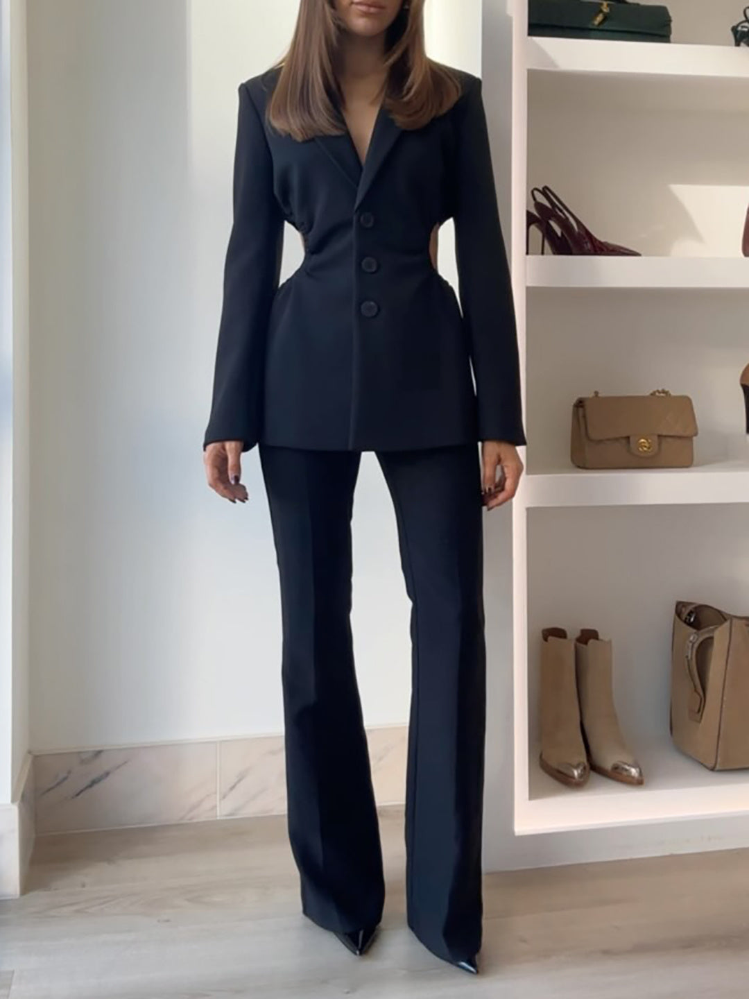 Black Waist Cutout Blazer High Waist Pants Suit