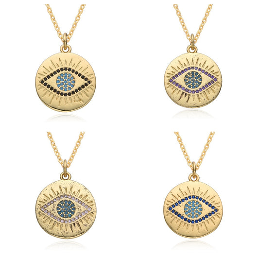 Micro-inlaid Colorful Crystals Bohemian Devil's Eye Disc Hanging Piece Pendant Necklace