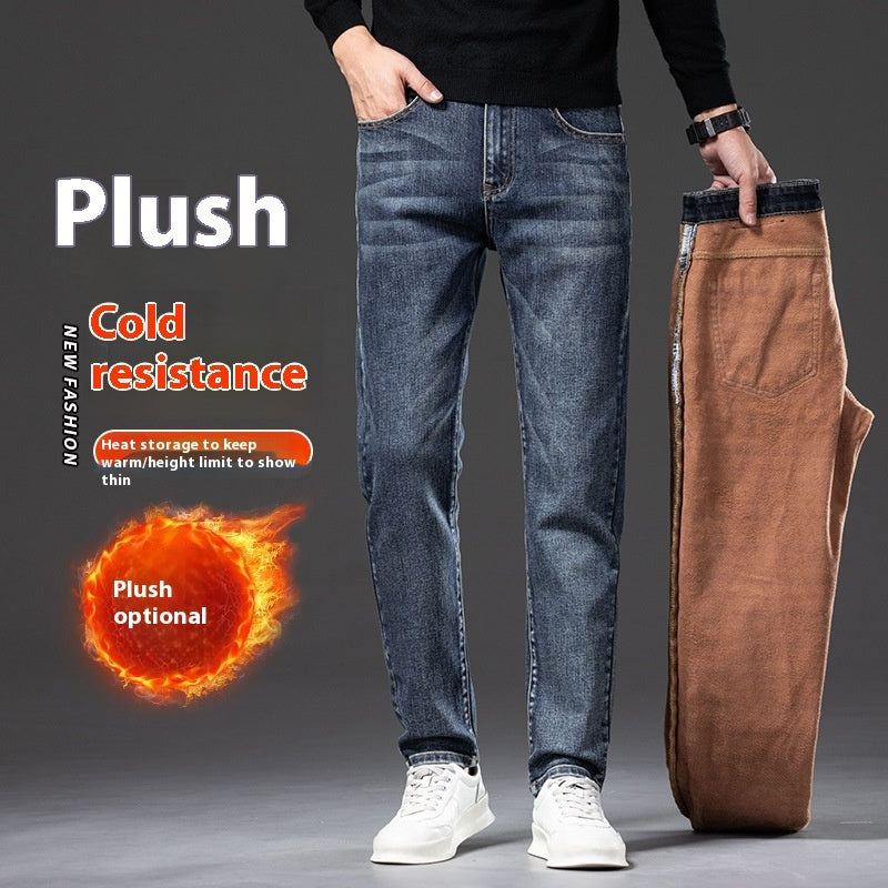 Fleece Padded Jeans Men's Straight Slim Elastic Thickening