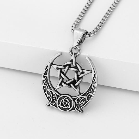 Minimalist Curved Moon Five-pointed Star Roman Pendant Necklace