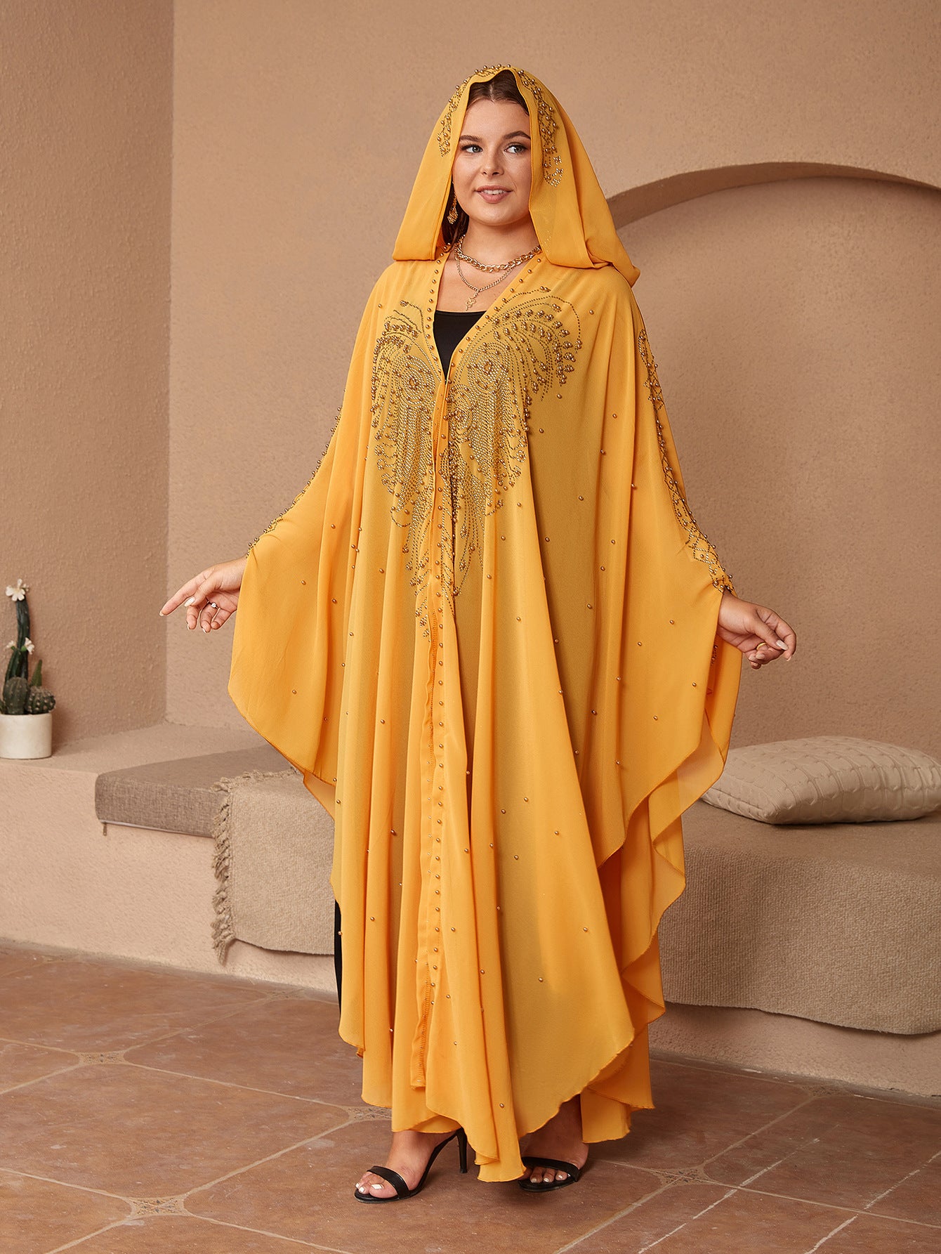 Muslim Style Rhinestone Beaded High Density Chiffon Cape And Shawl