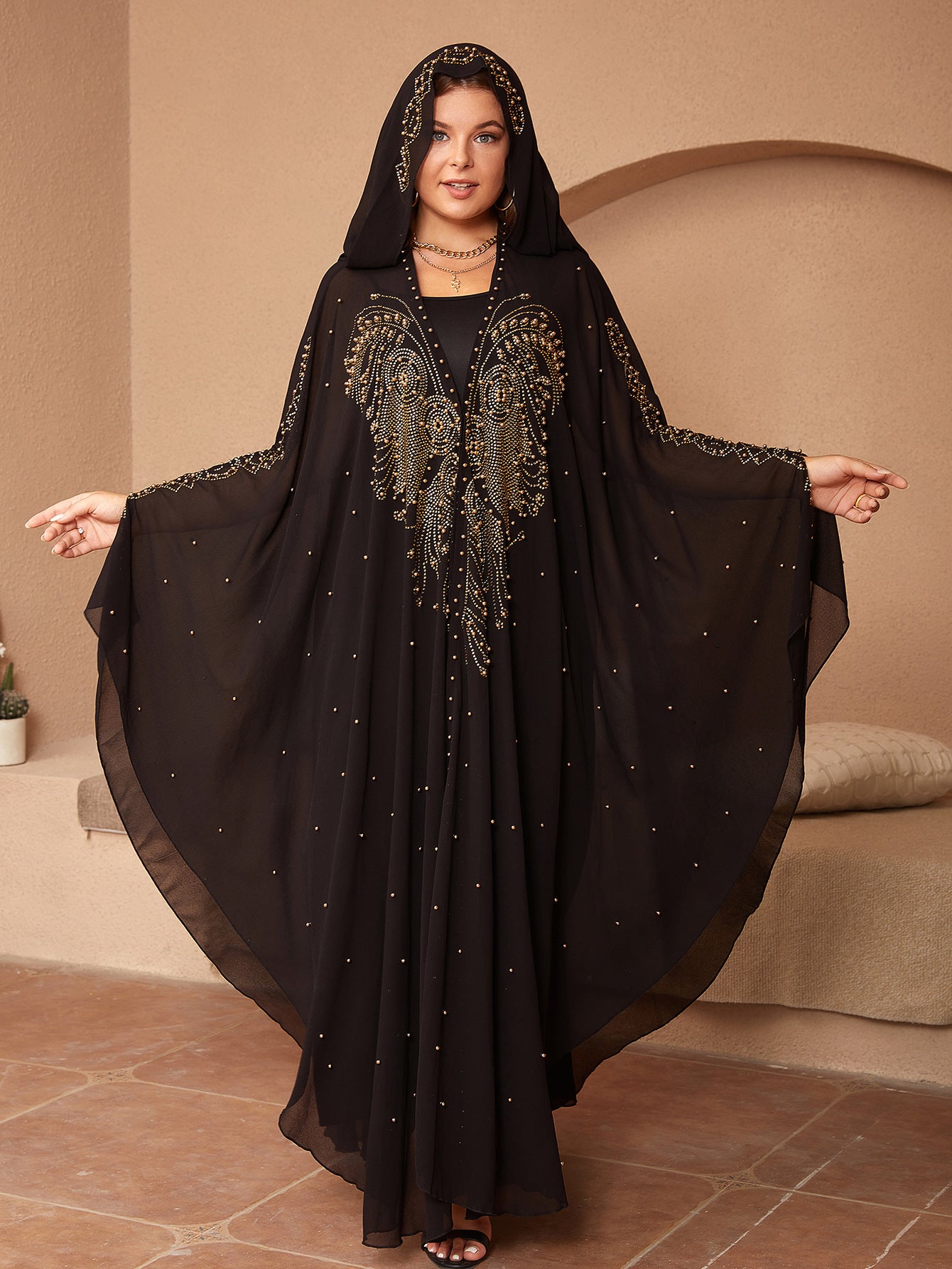 Muslim Style Rhinestone Beaded High Density Chiffon Cape And Shawl