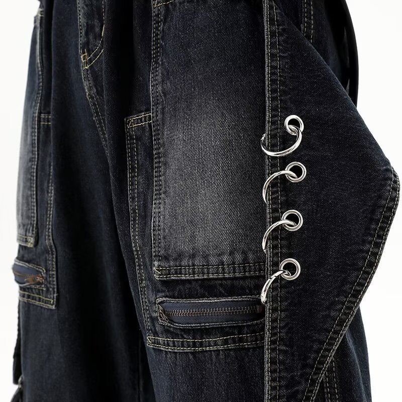 High Street Three-dimensional Multi-pocket Design Straight Jeans