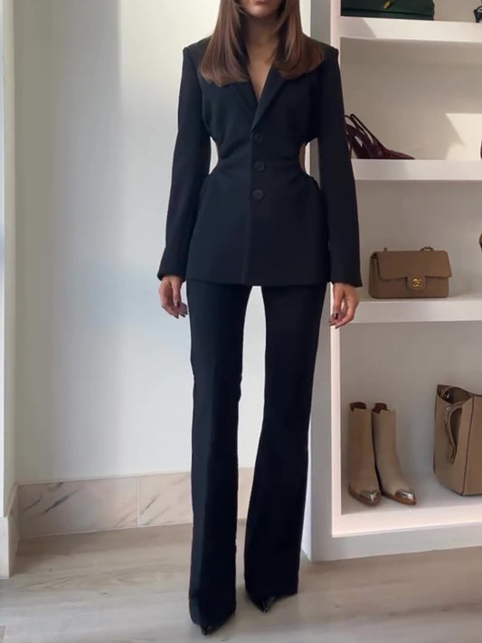 Black Waist Cutout Blazer High Waist Pants Suit