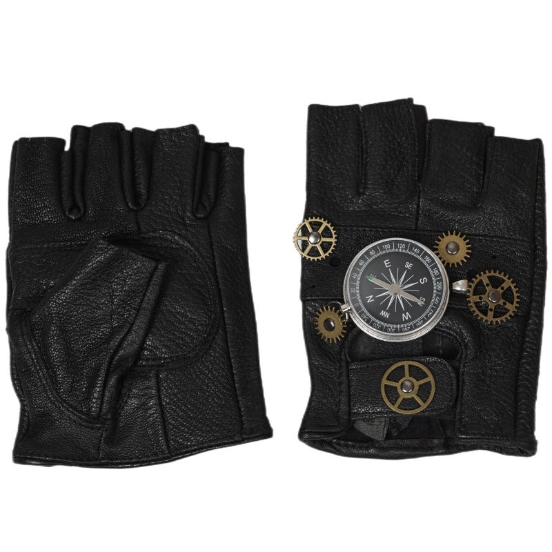 Steampunk Leather Gloves Gear Half Finger Gloves Compass Retro