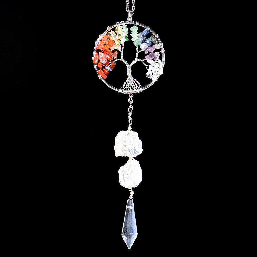 Natural Seven-color Crushed Stone White Crystal Original Stone Life Tree Sun Catcher Pendant