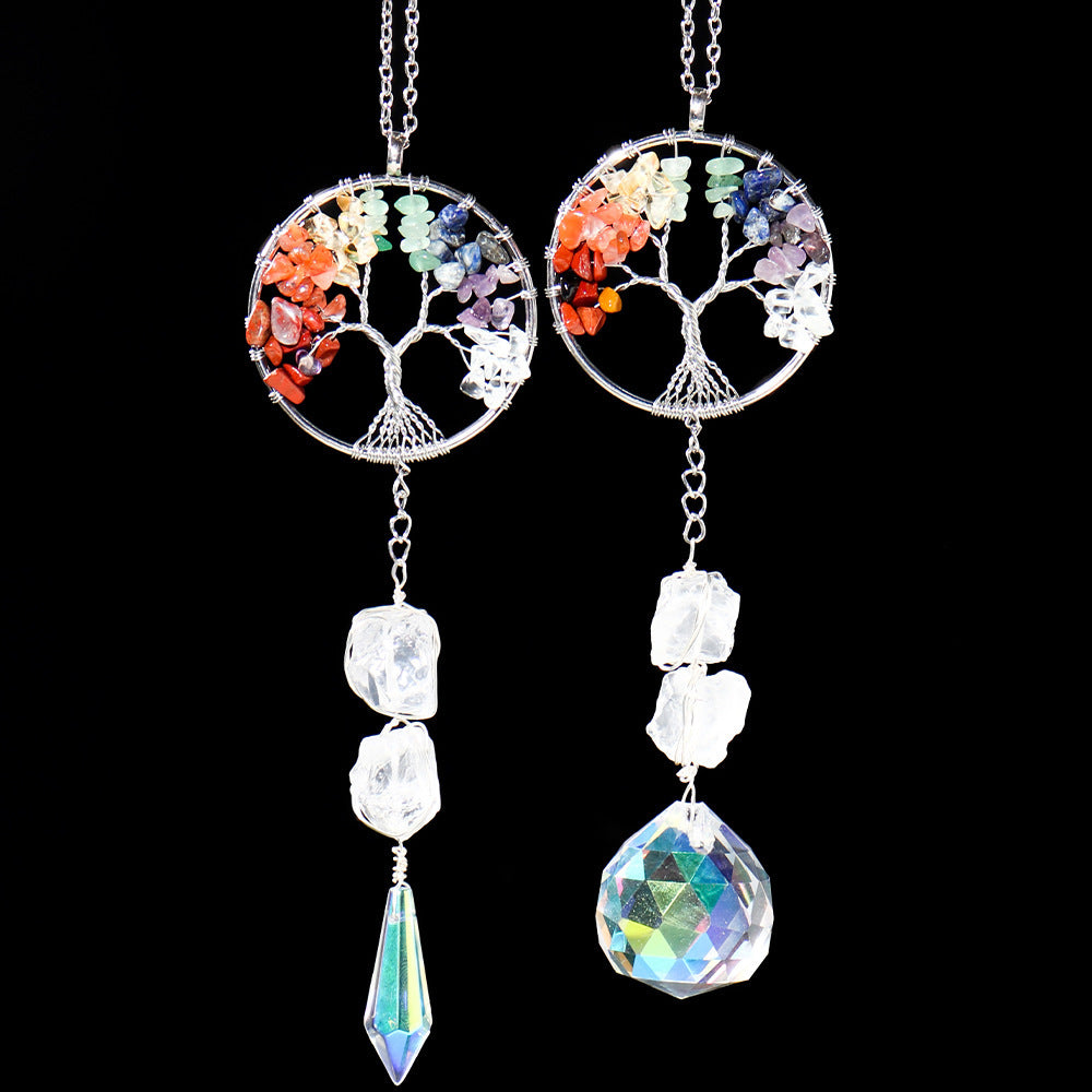 Natural Seven-color Crushed Stone White Crystal Original Stone Life Tree Sun Catcher Pendant